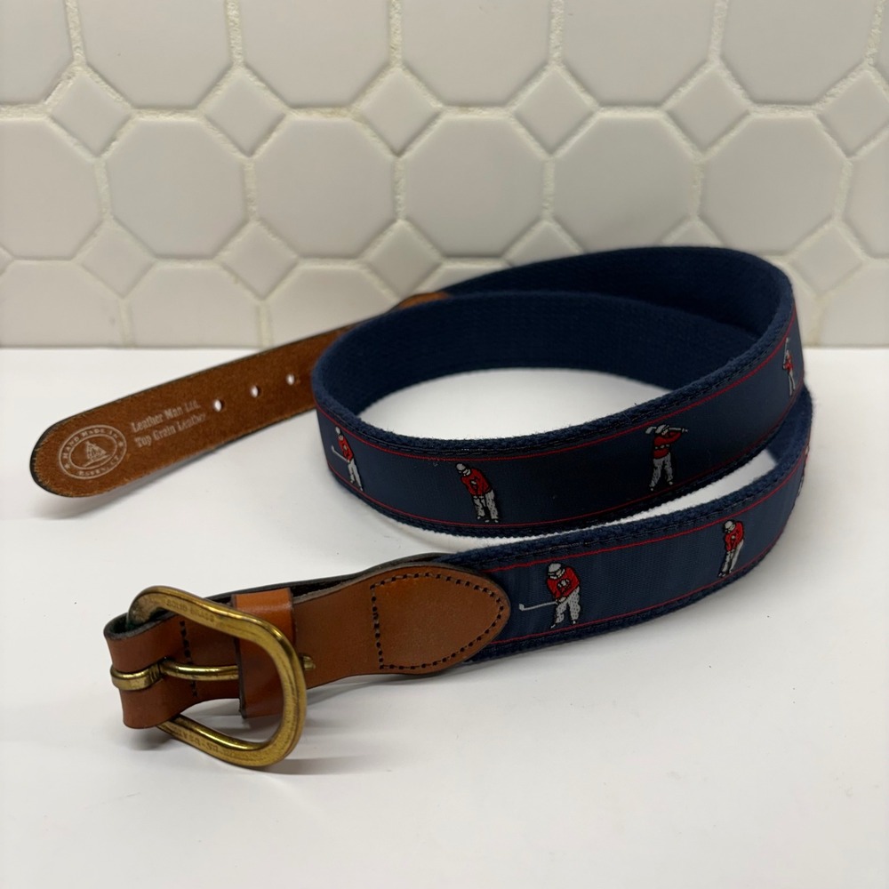 Leather Man Ltd Golf Ribbon Belt Mens 38 Navy Blue Embroidered Leather Brass